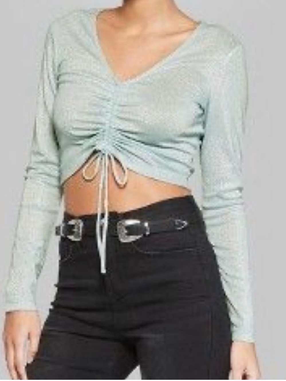 Wild Fable Cinched Ruched Crop Sparkly Top Size S Long Sleeves
